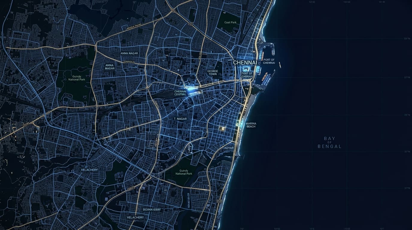 Satellite map of Chennai highlighting TopVFX studio facility location